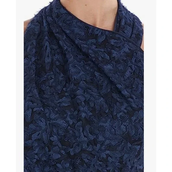 JS Collection Sz 8 Scarlet Wrap Tea Length Dress Navy Embroidered Mesh Soutache - Picture 15 of 15